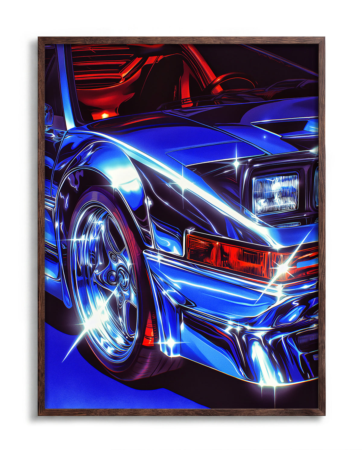 Chrome Ferrari supercar art print in a walnut frame