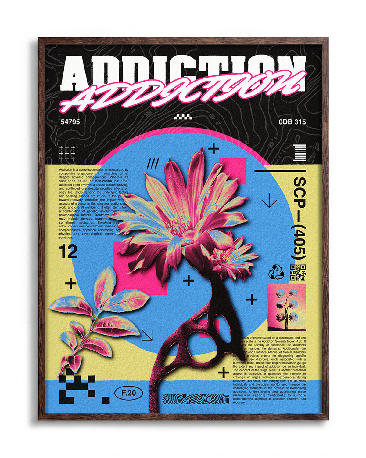 Addiction psychedelic flower poster in a walnut frame