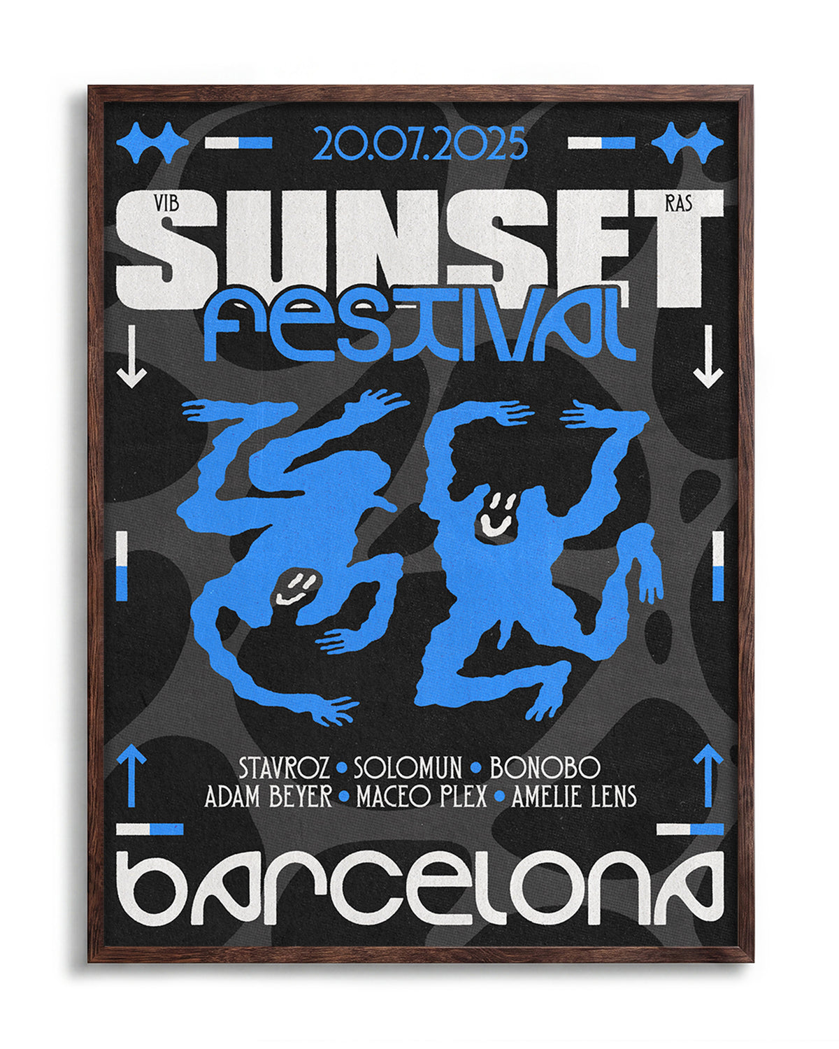 Blue Sunset Festival music festival poster in a walnut frame