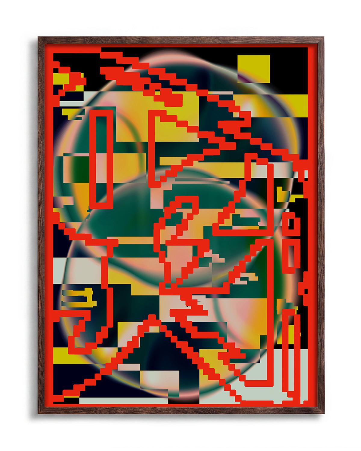Chaos abstract art print in a walnut frame