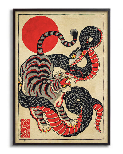 Snake and tiger - no background framed - black