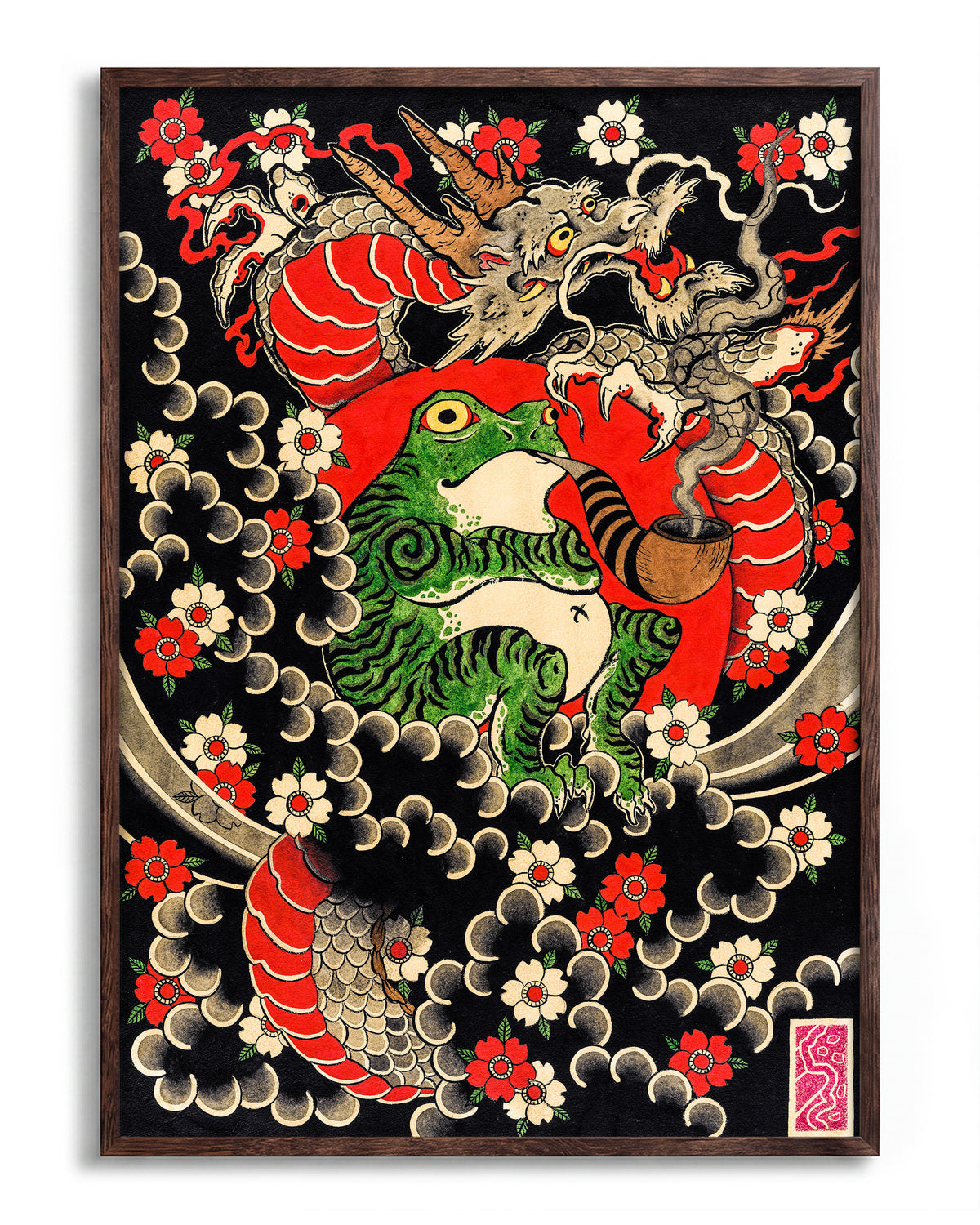 Dragon, Frog & Sakura - no background framed - walnut