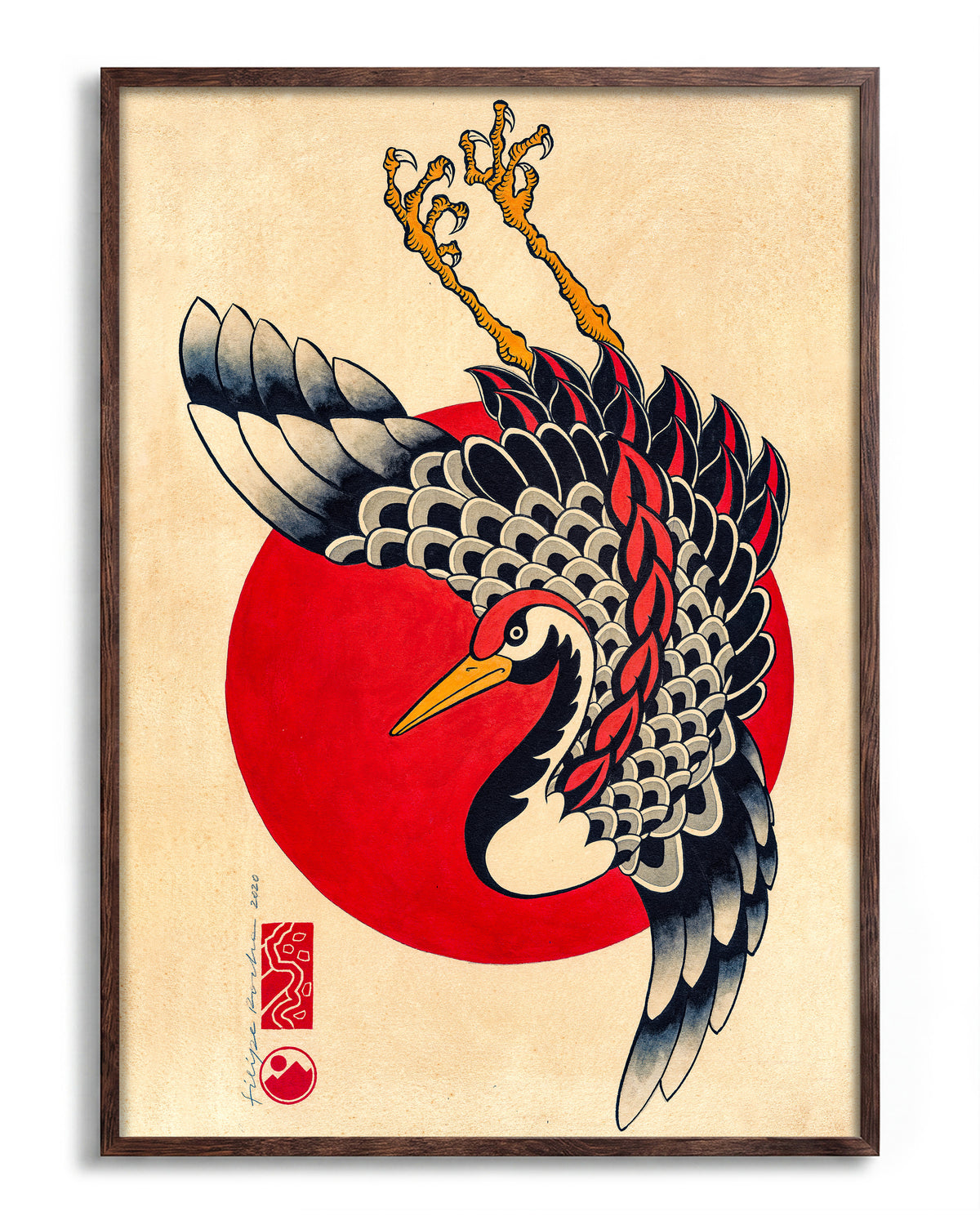 Tsuru & Red Moon - no background framed - walnut