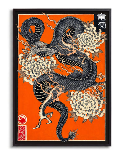 Dragon & Kiku - no background framed - black