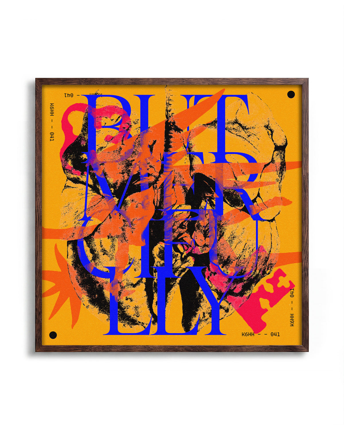 Acid Bite maximalist typography print in a walnut frame