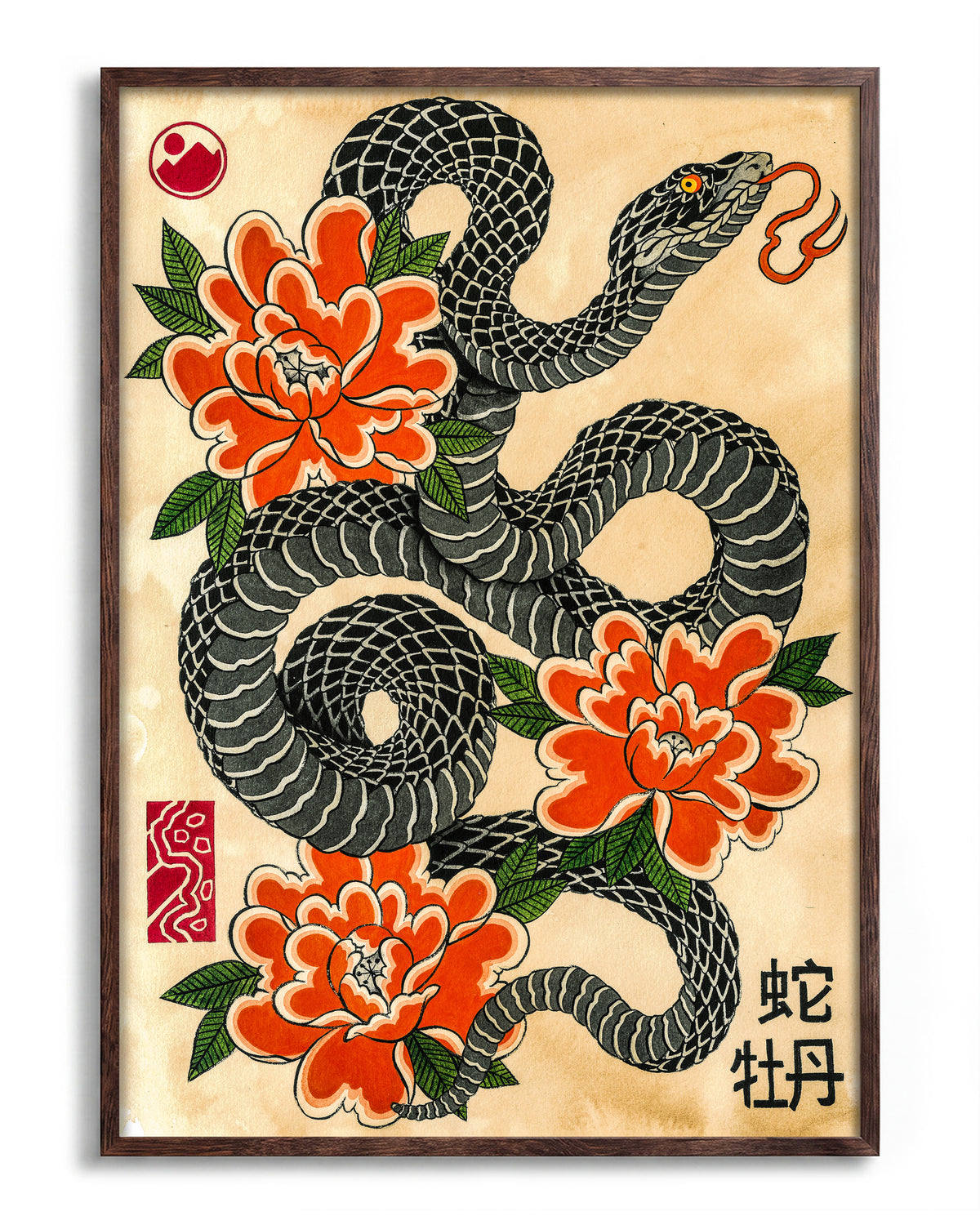 Snake & Peonies - no background framed - walnut