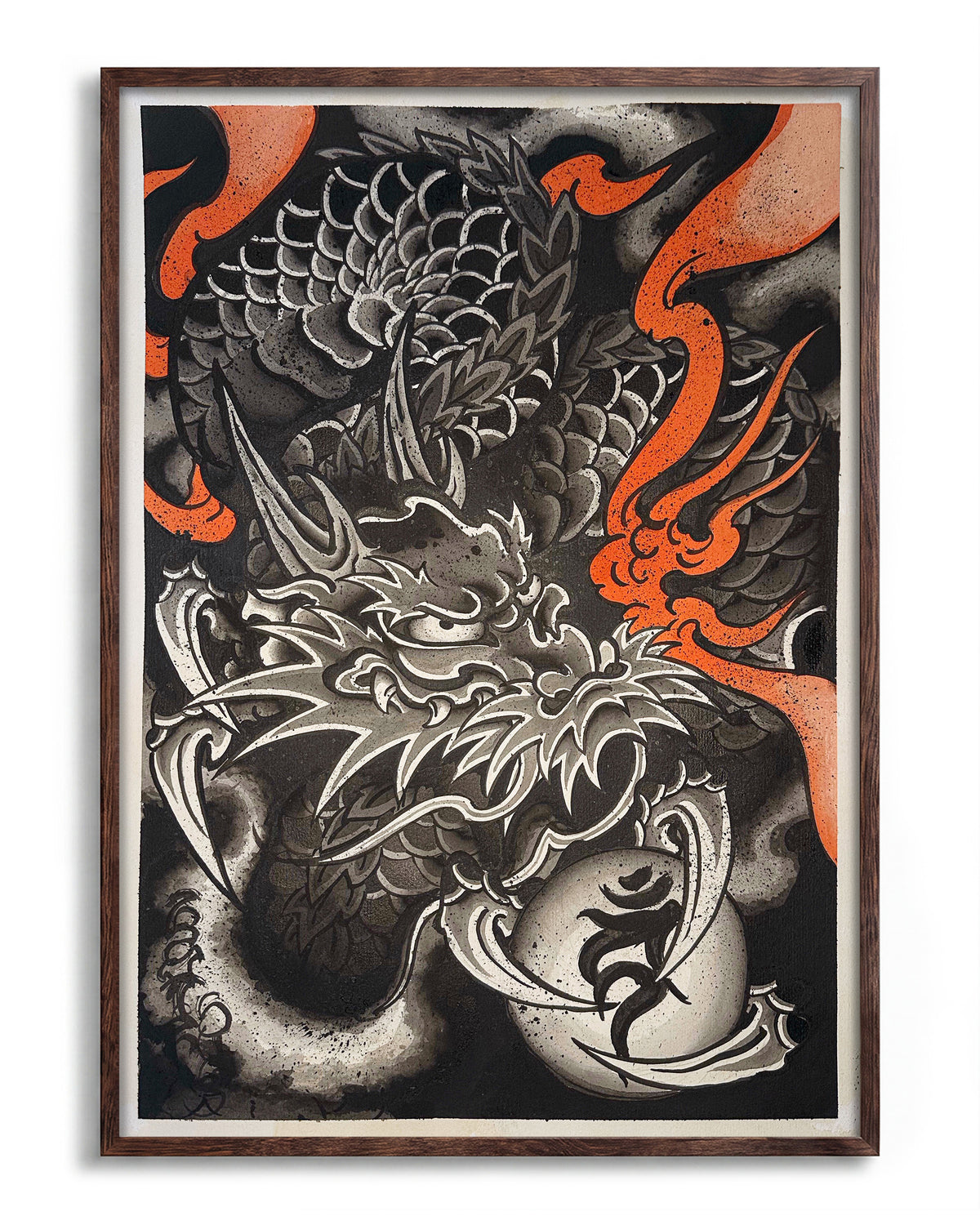 Dragon of Embers Japanese dragon art print in a walnut frame