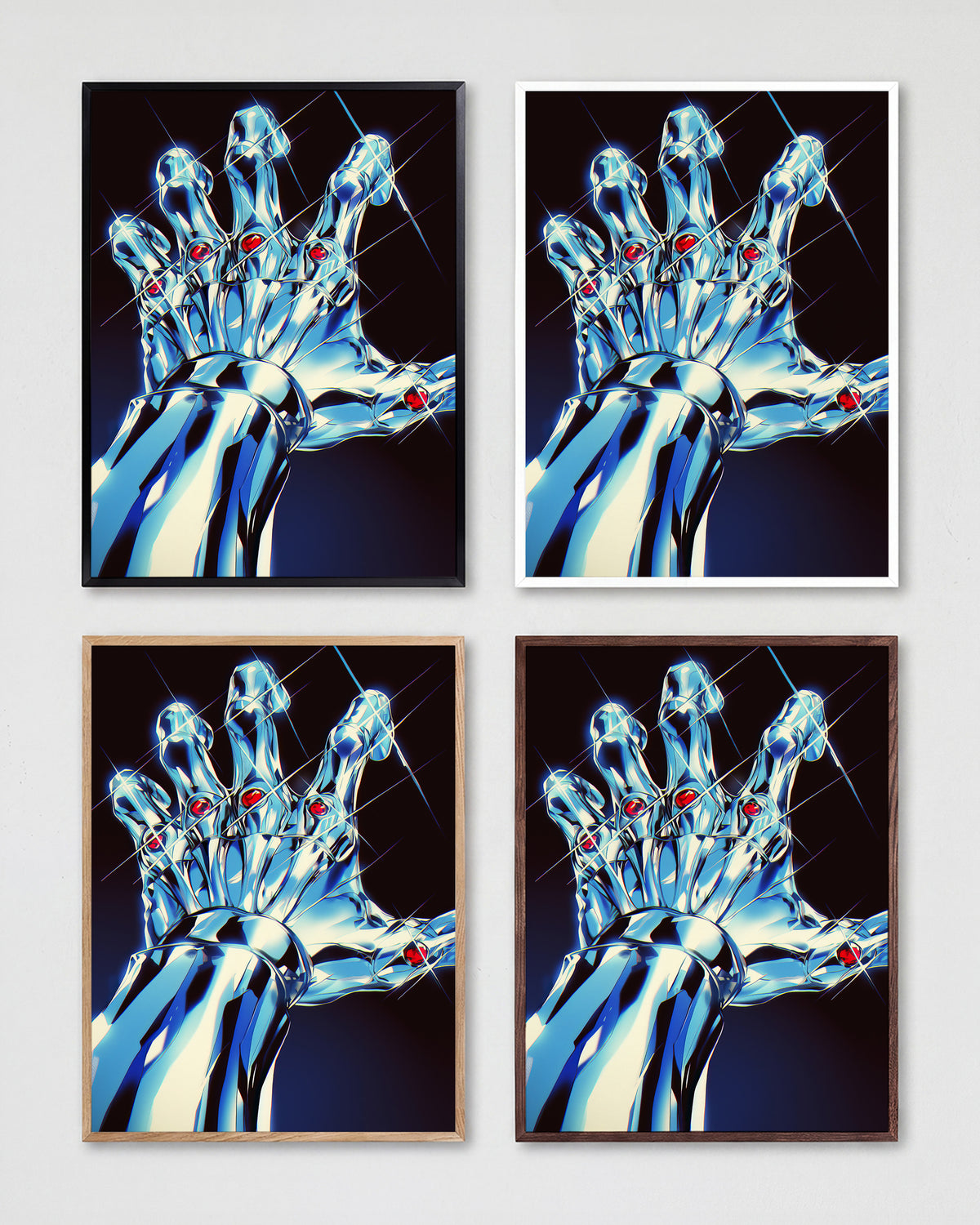 Chrome Hand retro pop art print shown in all frame colours