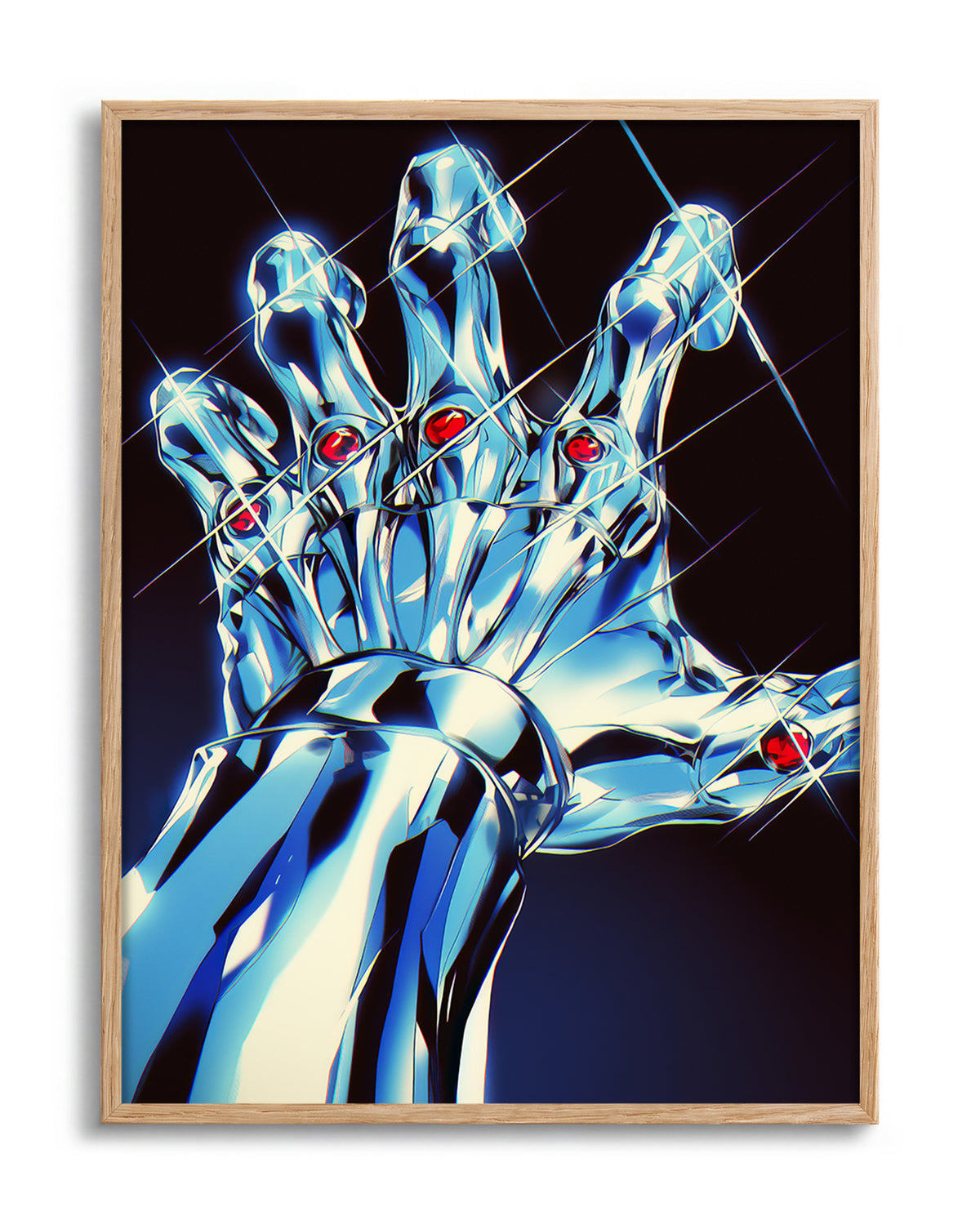 Chrome Hand retro pop art print in an oak frame