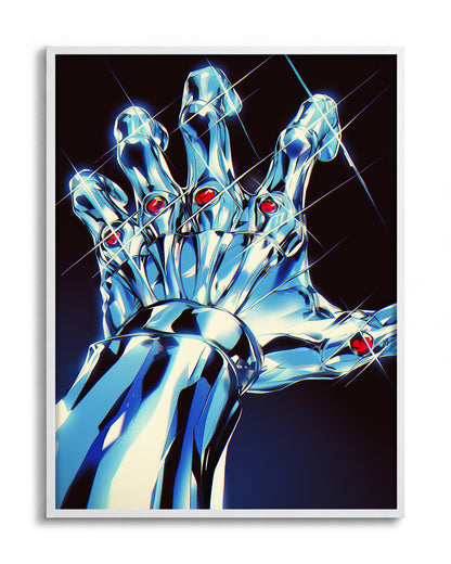 Chrome Hand retro pop art print in a white frame