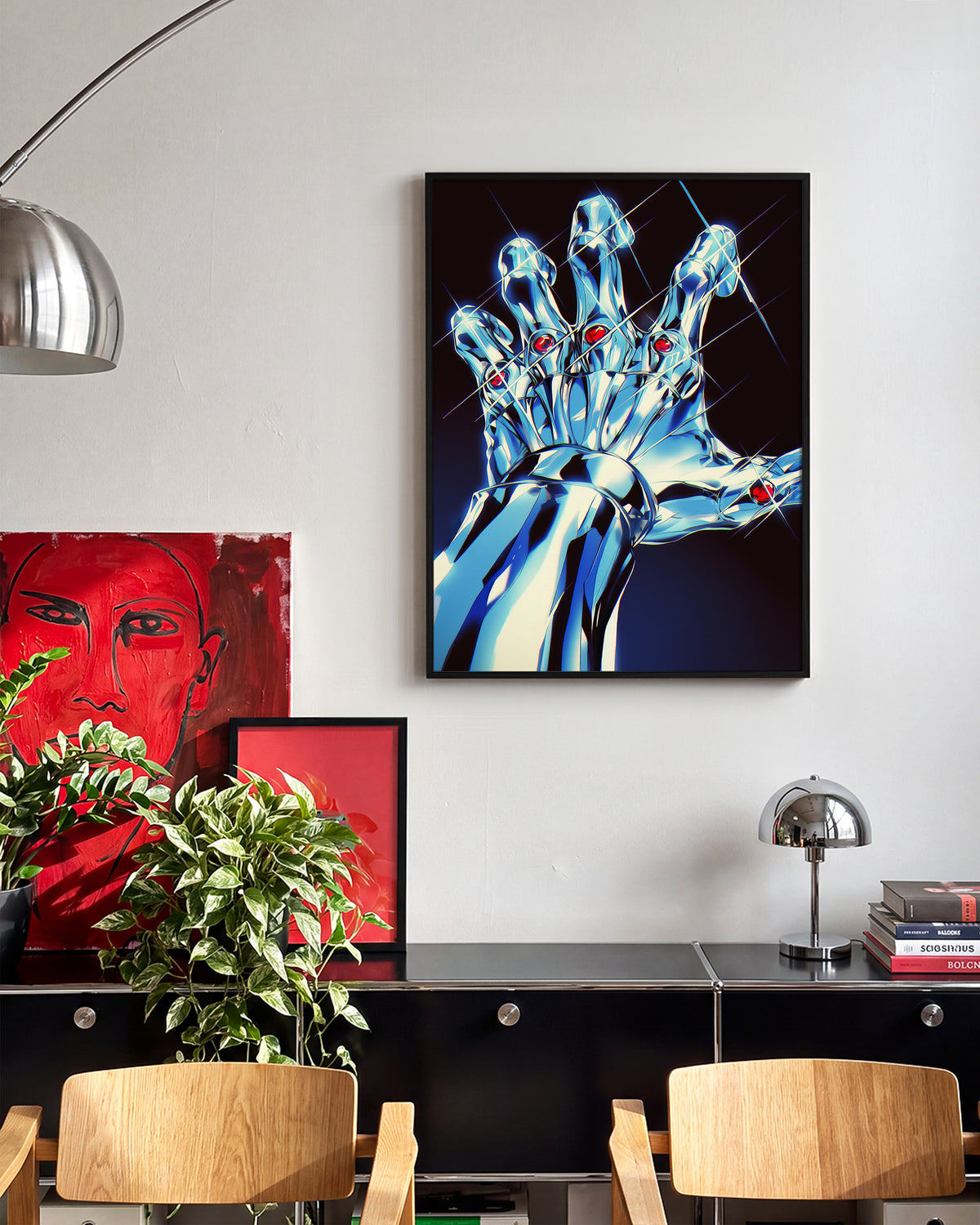 Chrome Hand retro pop art print in a black frame on a room wall