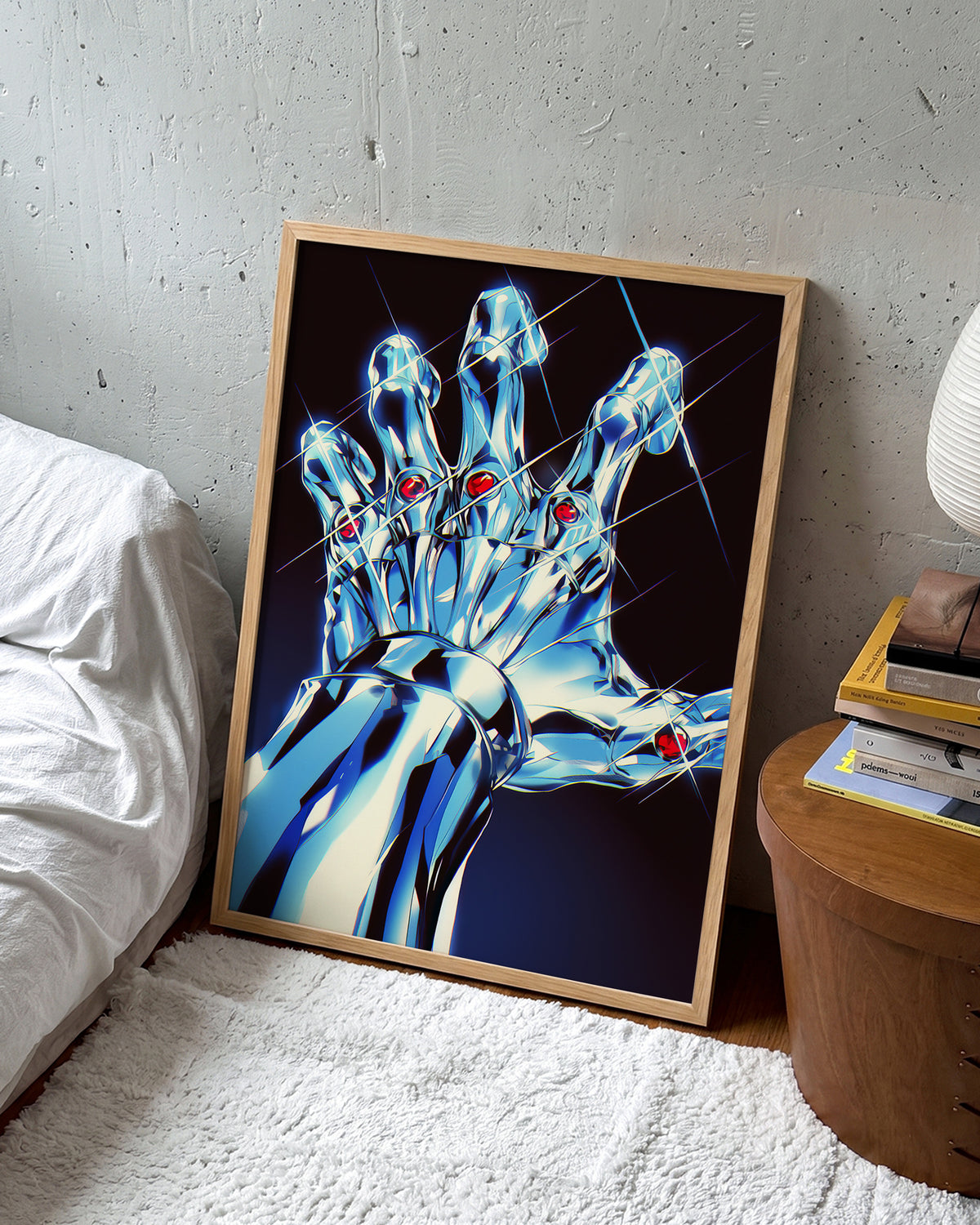 Chrome Hand retro pop art print in an oak frame on a room wall