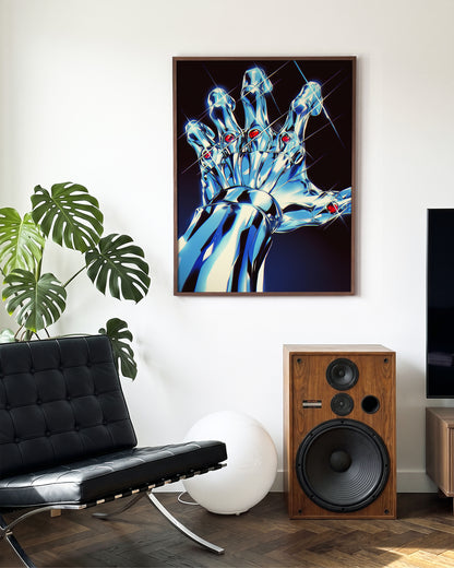 Chrome Hand retro pop art print in a walnut frame on a room wall