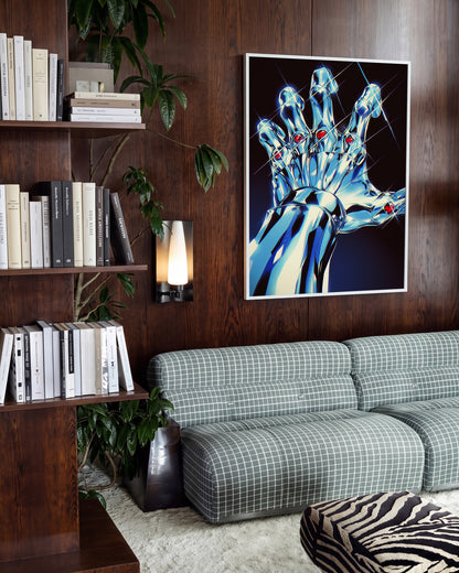 Chrome Hand retro pop art print in a white frame on a room wall