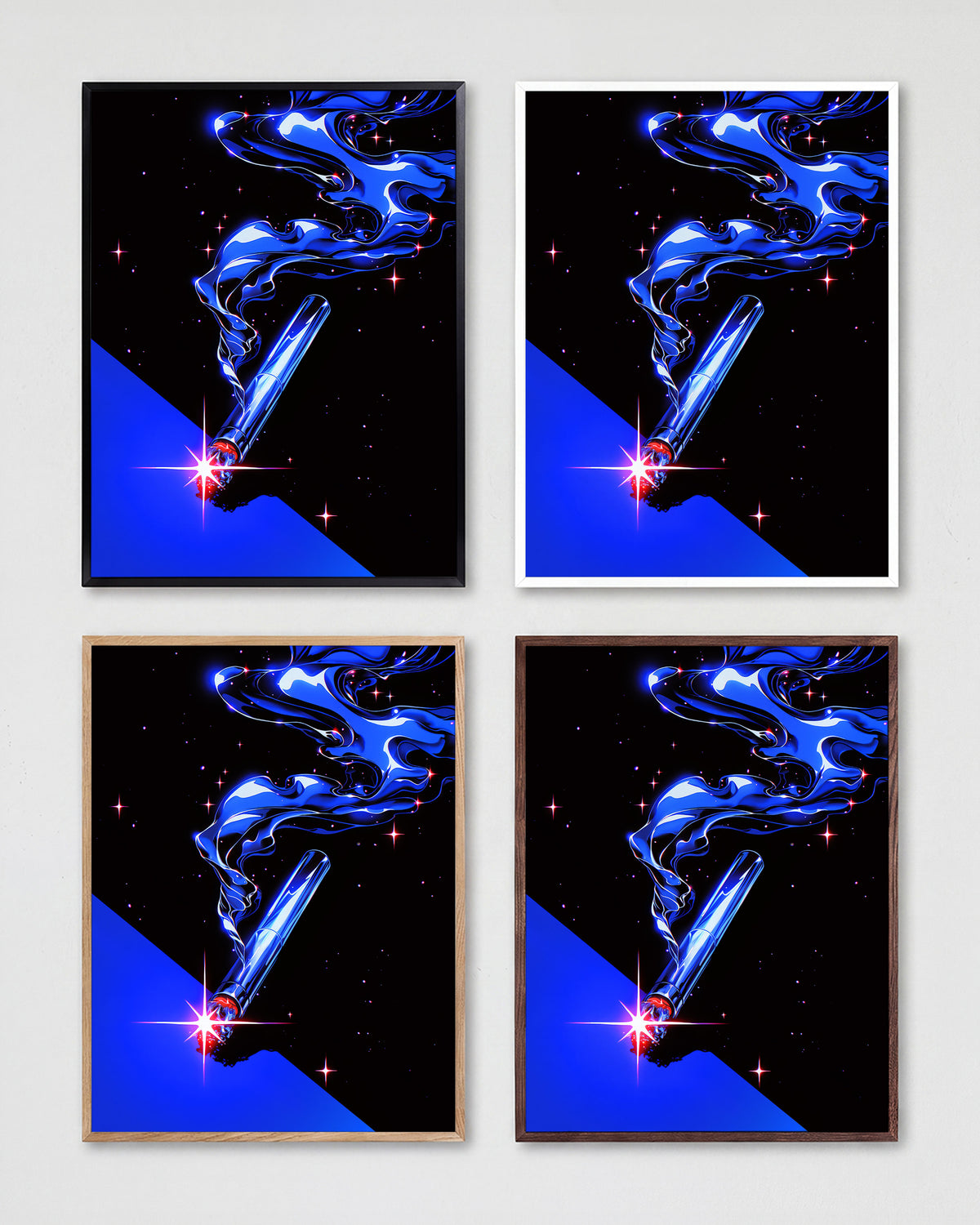 Cigarette retro pop art print shown in all frame colours