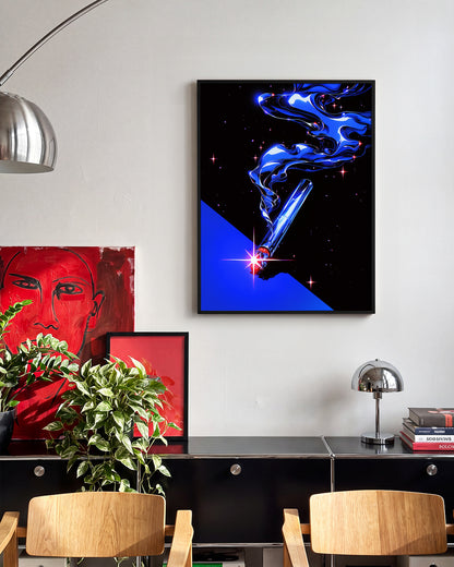 Cigarette retro pop art print in a black frame on a room wall