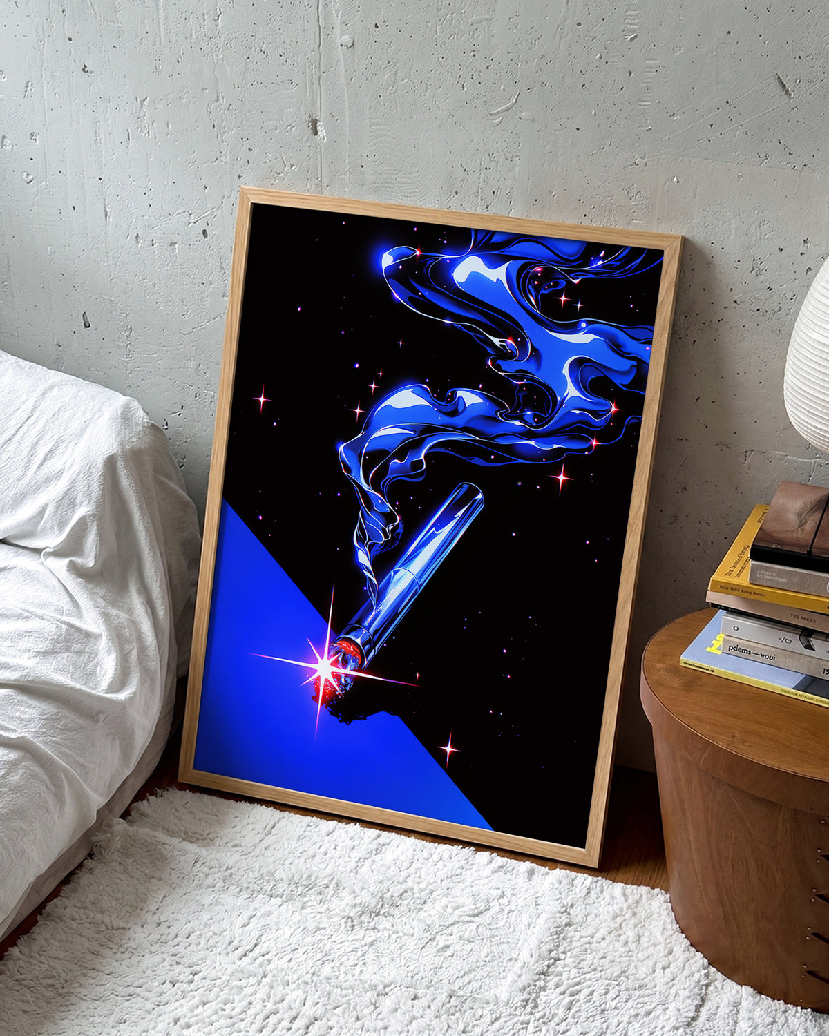 Cigarette retro pop art print in an oak frame on a room wall