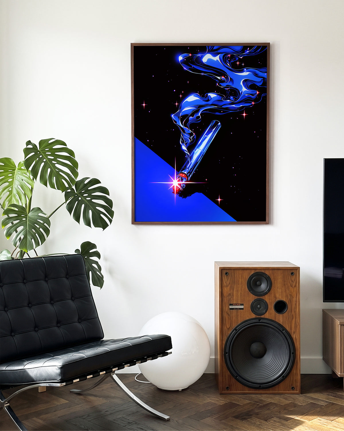 Cigarette retro pop art print in a walnut frame on a room wall