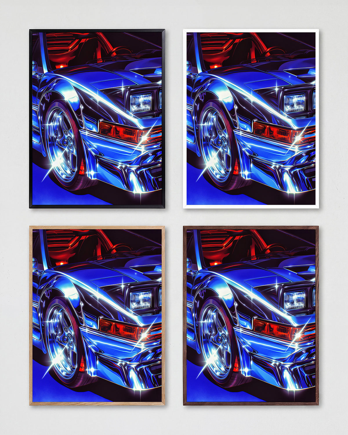 Chrome Ferrari supercar art print shown in all frame colours