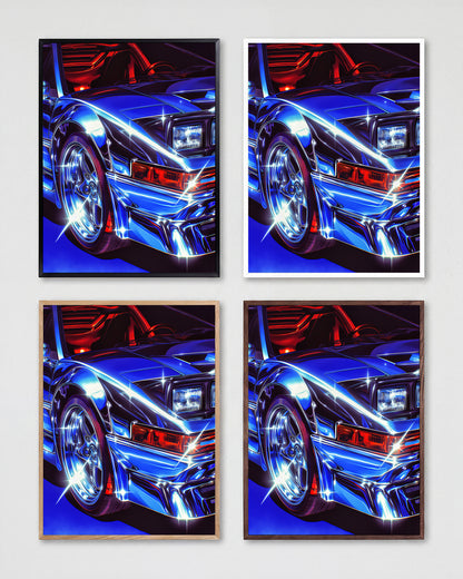 Chrome Ferrari supercar art print shown in all frame colours