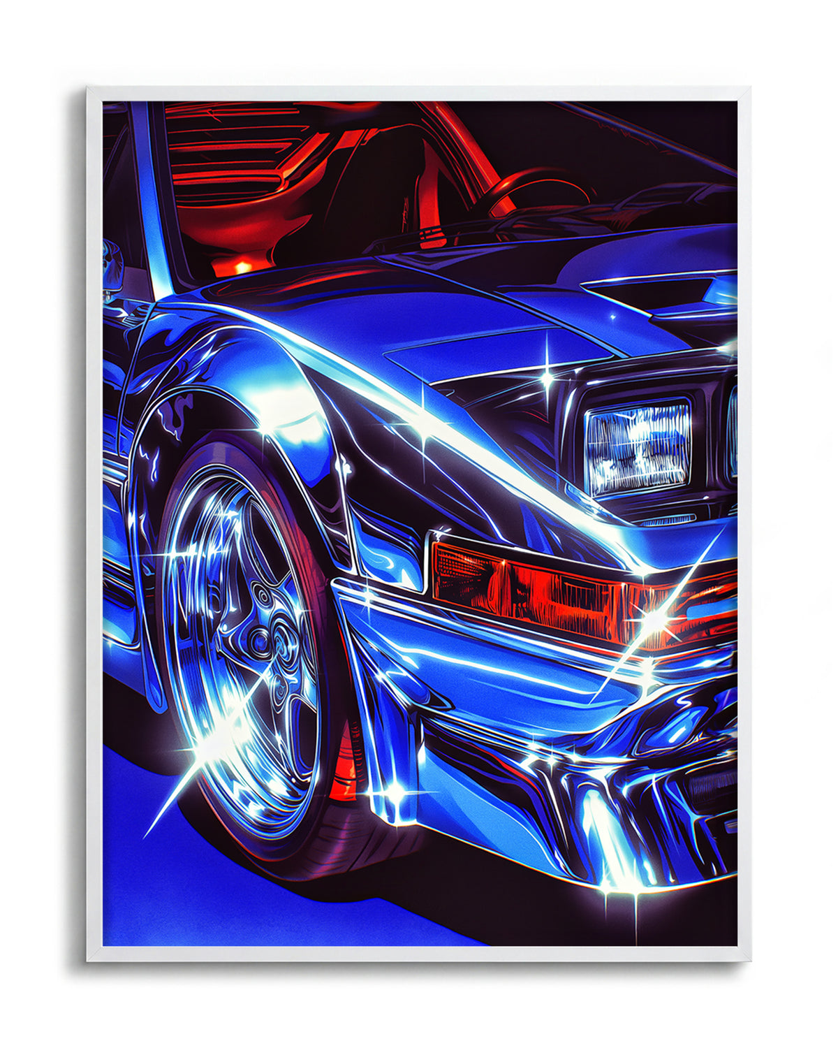 Chrome Ferrari supercar art print in a white frame