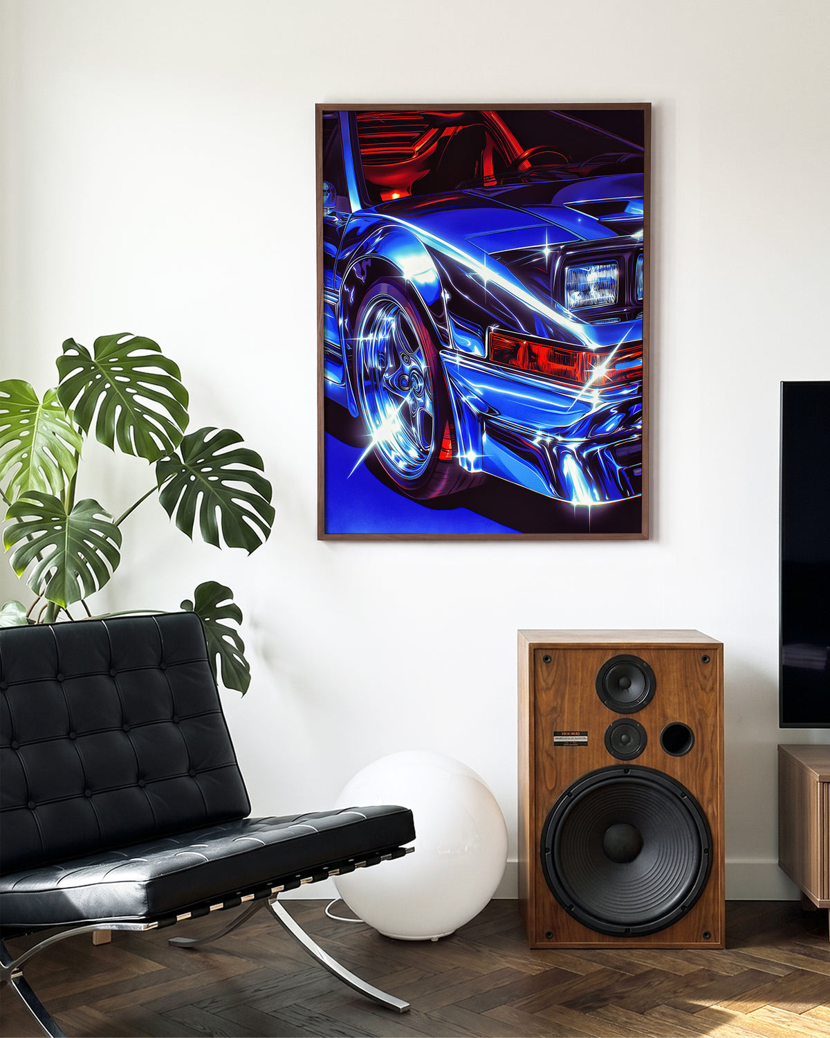 Chrome Ferrari supercar art print in a walnut frame on a room wall