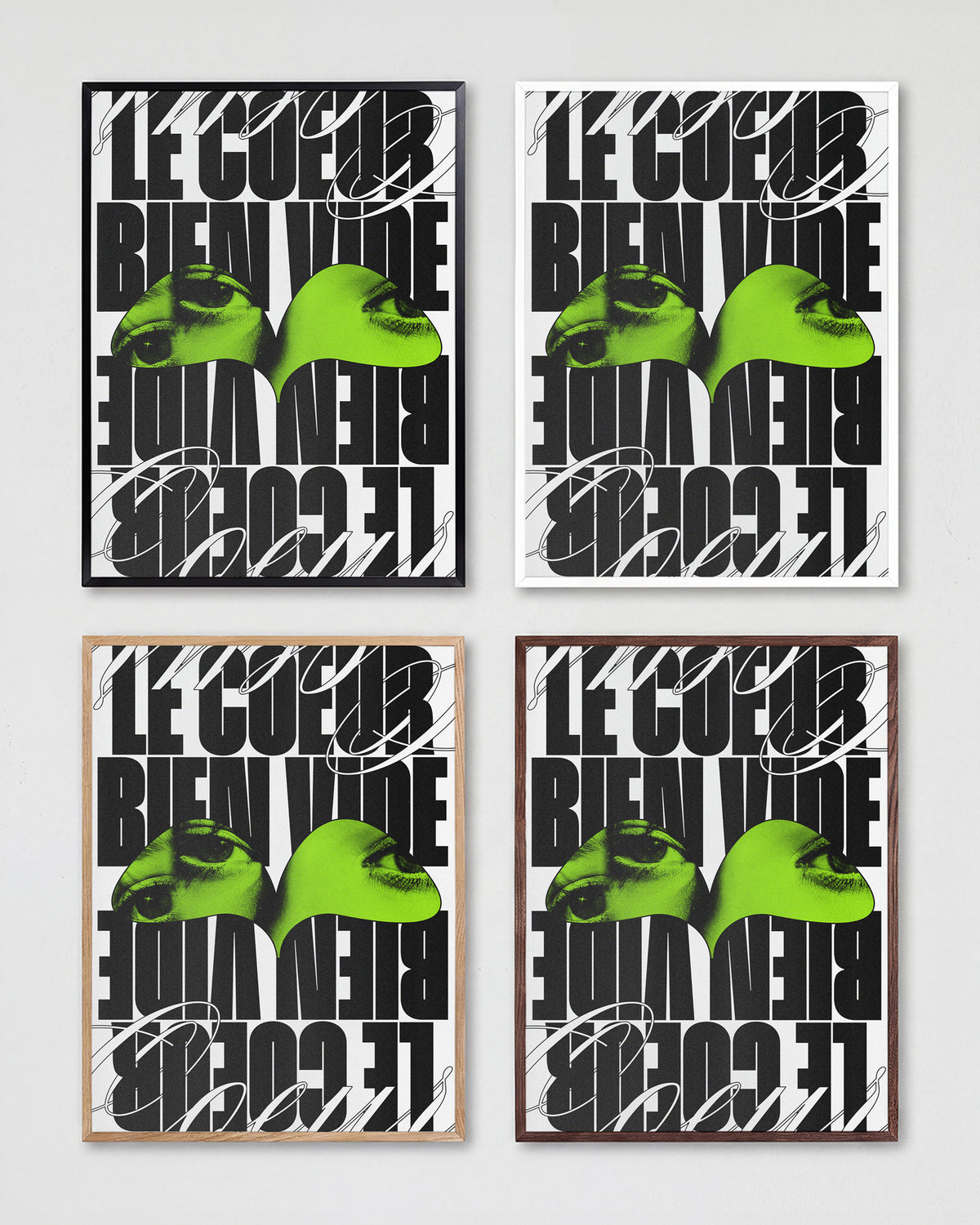 Le Cour Bien Vide French typography poster shown in all frame colours