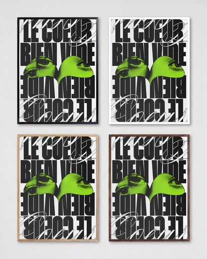 Le Cour Bien Vide French typography poster shown in all frame colours