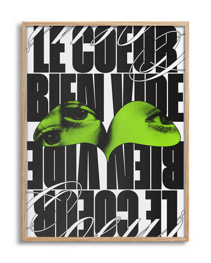 Le Cour Bien Vide French typography poster in an oak frame