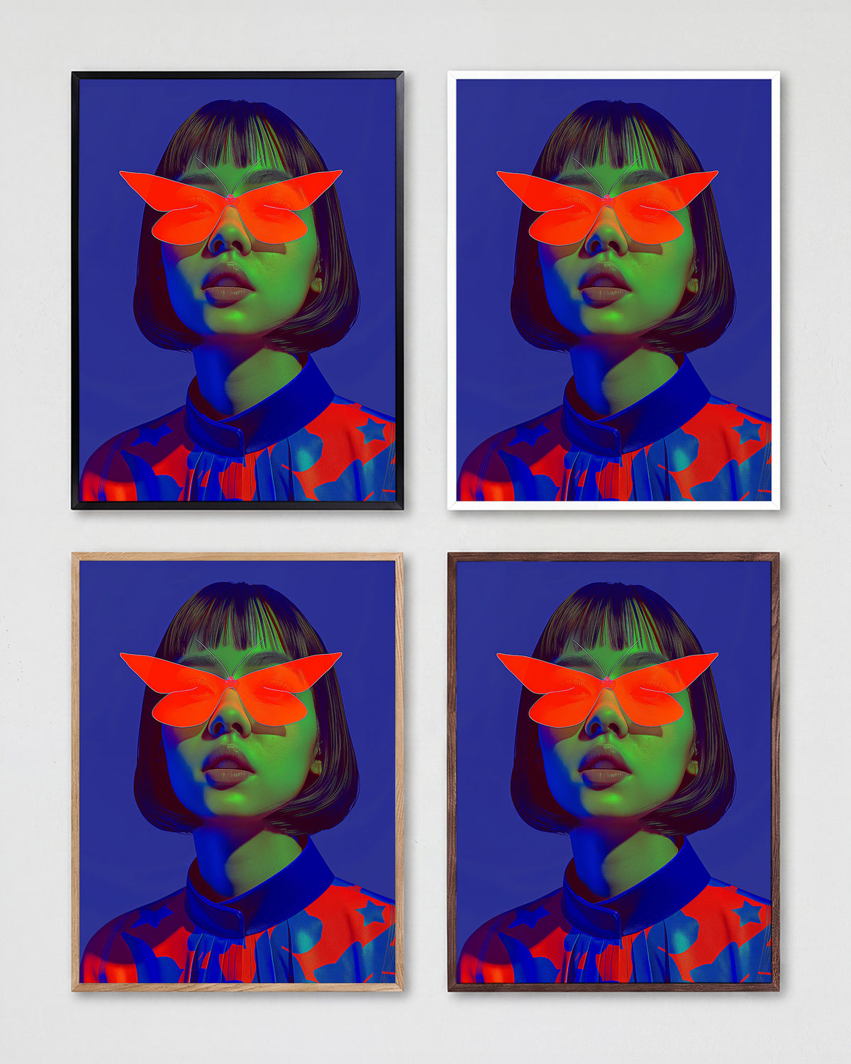 Butterfly Shades pop art portrait print shown in all frame colours