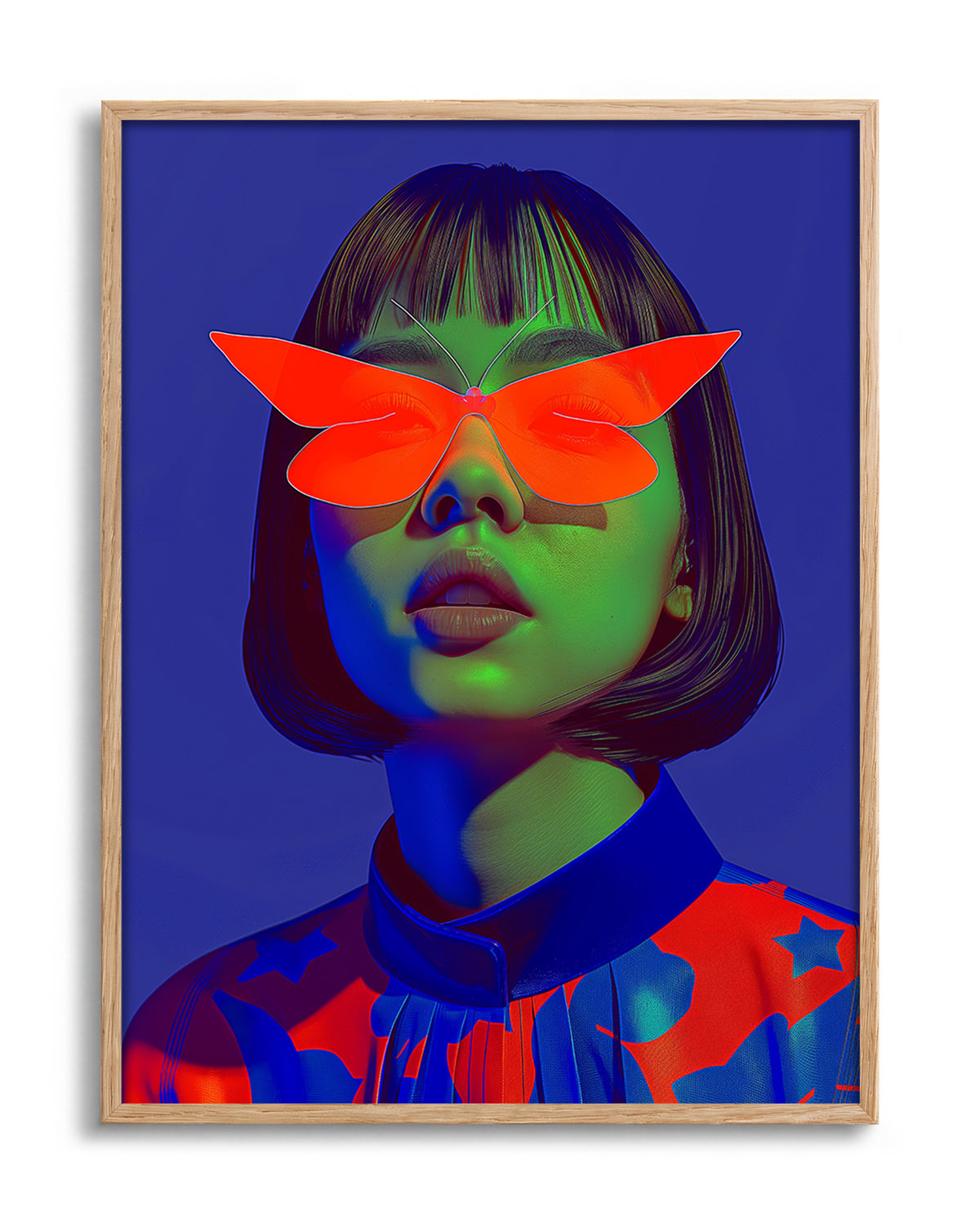 Butterfly Shades pop art portrait print in an oak frame
