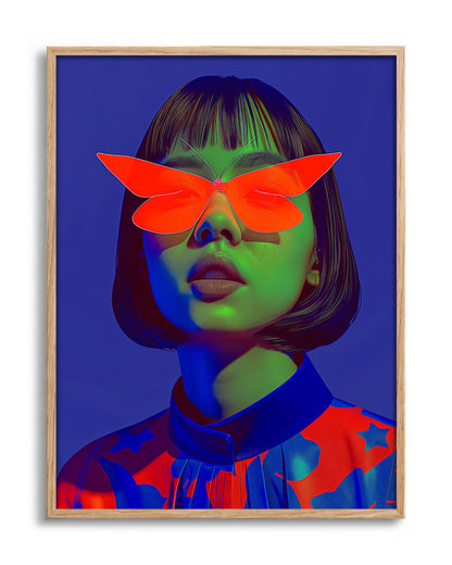 Butterfly Shades pop art portrait print in an oak frame