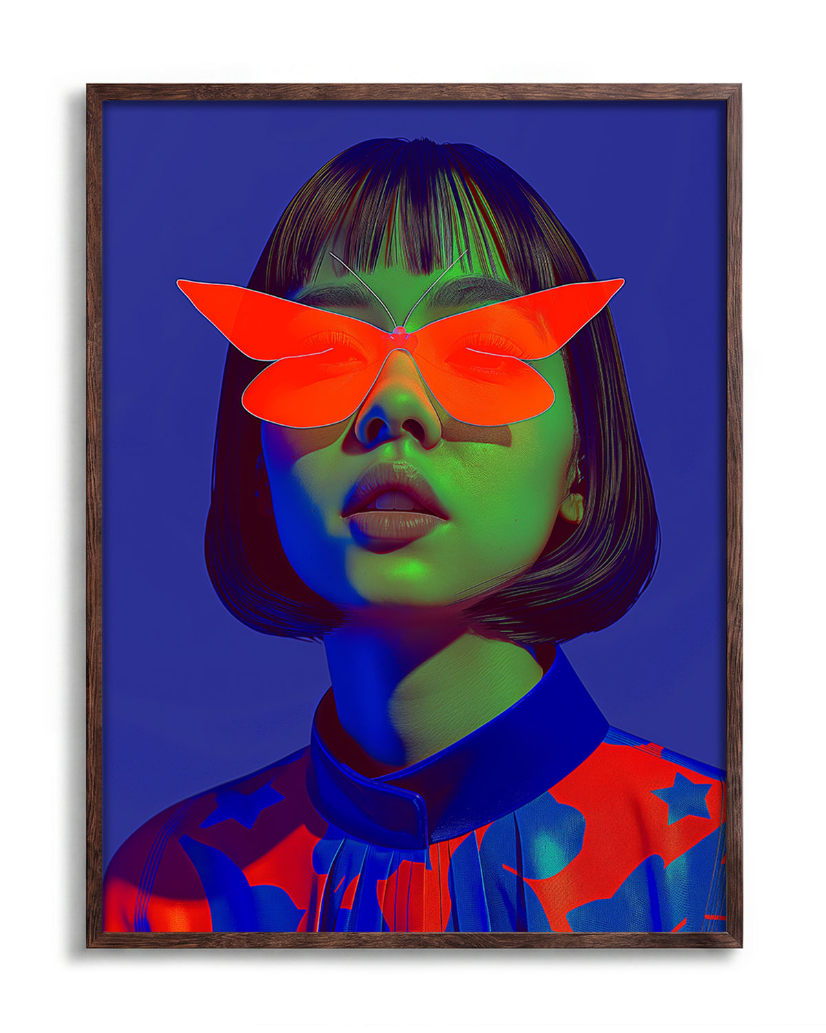 Butterfly Shades pop art portrait print in a walnut frame