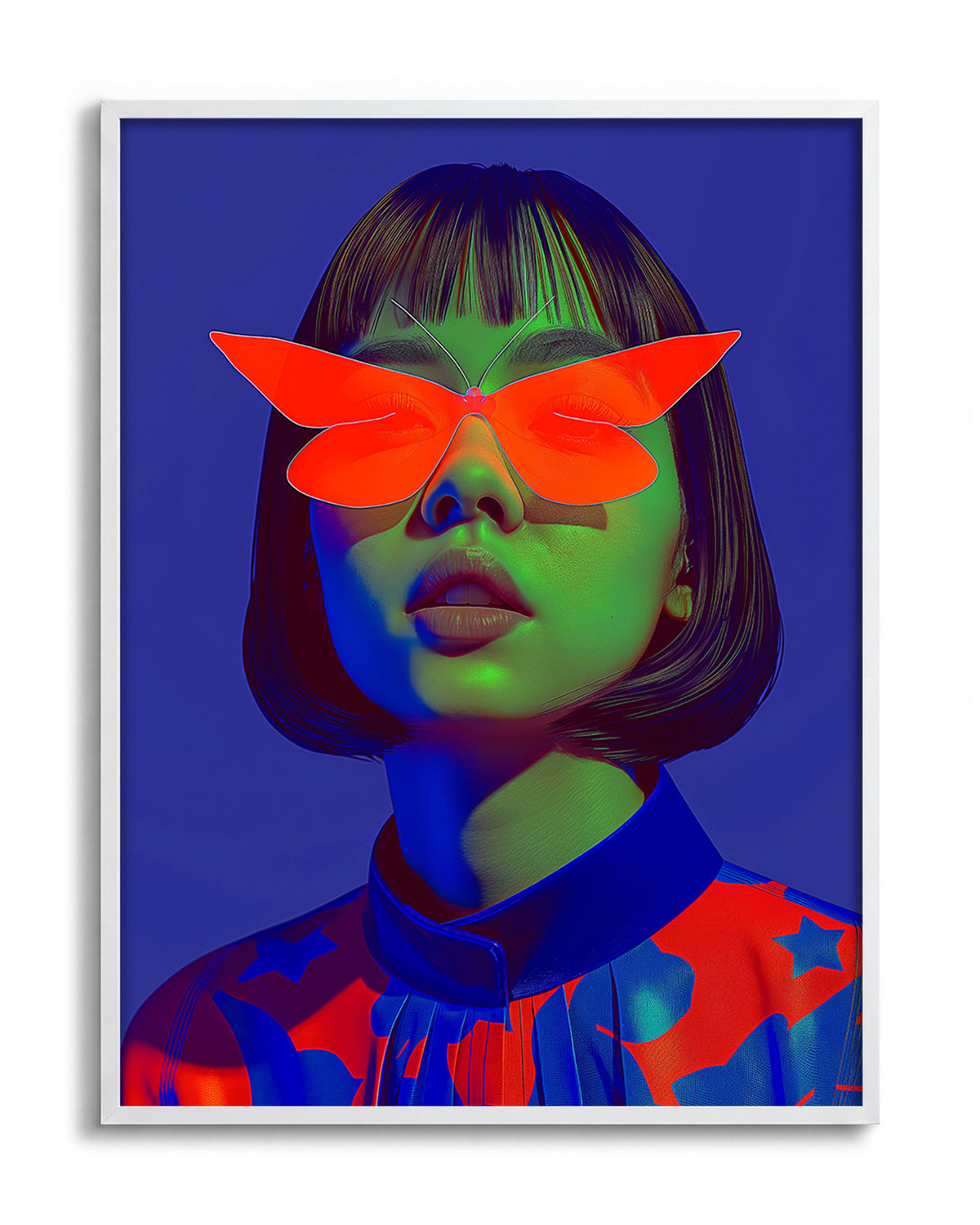 Butterfly Shades pop art portrait print in a white frame