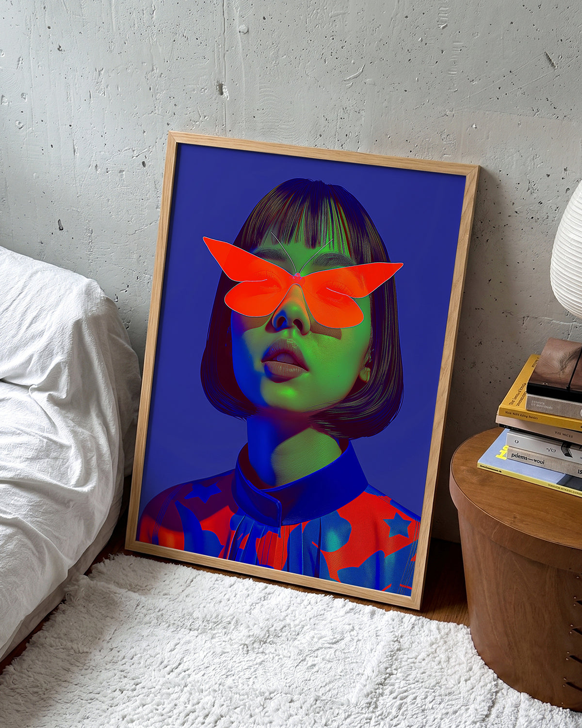 Butterfly Shades pop art portrait print in an oak frame on a room wall