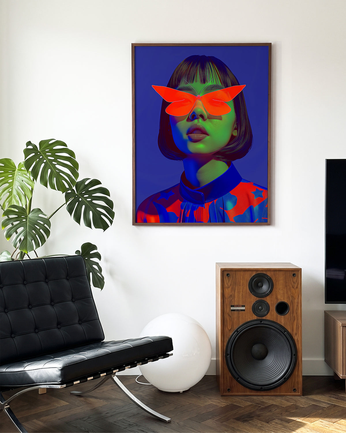 Butterfly Shades pop art portrait print in a walnut frame on a room wall