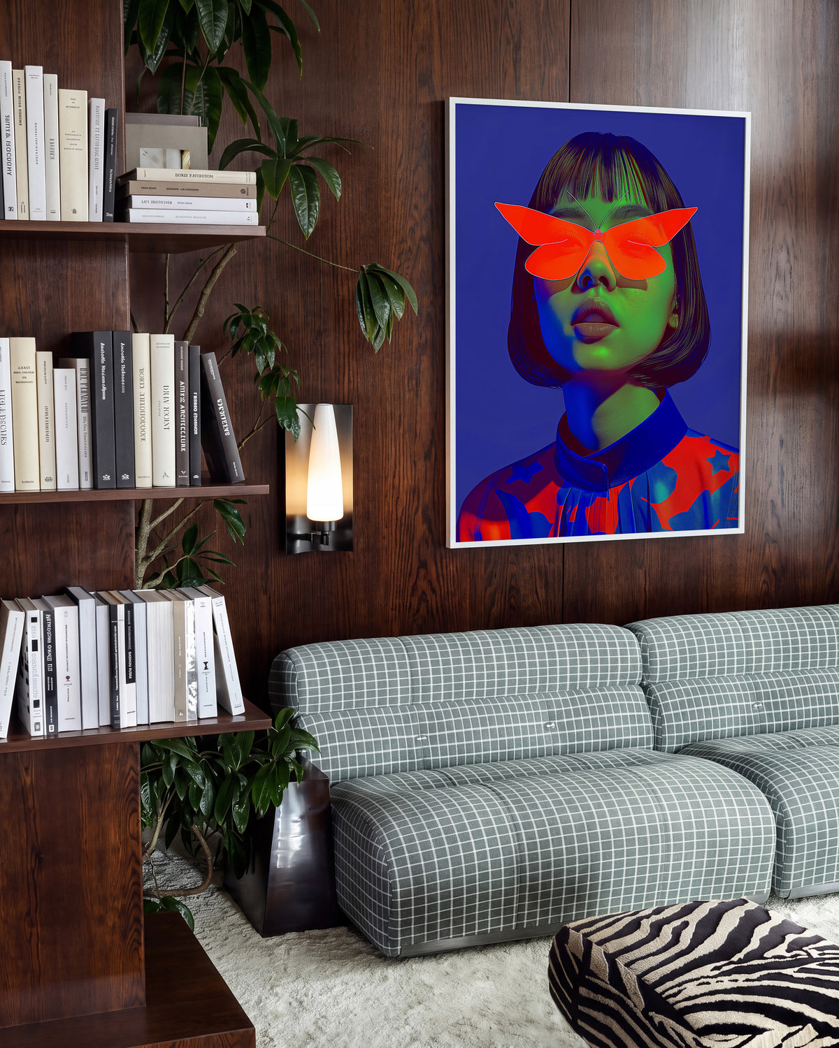 Butterfly Shades pop art portrait print in a white frame on a room wall