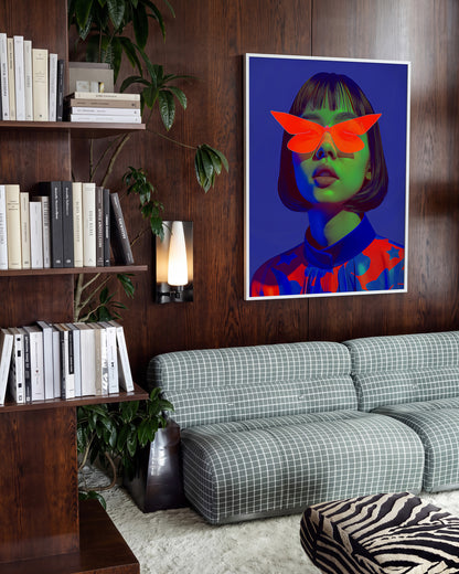 Butterfly Shades pop art portrait print in a white frame on a room wall