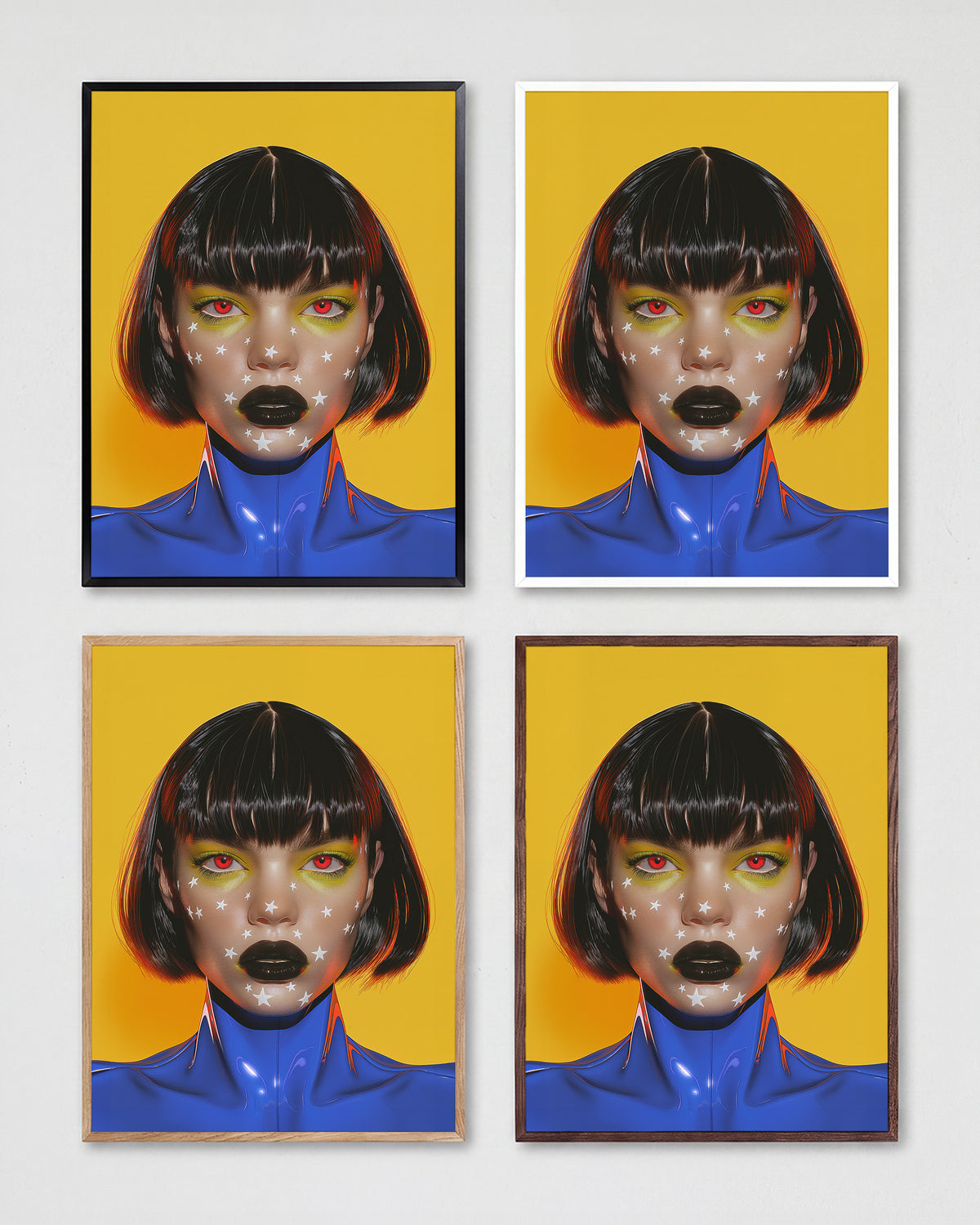 Avatar pop art portrait print shown in all frame colours