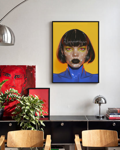 Avatar pop art portrait print in a black frame on a room wall