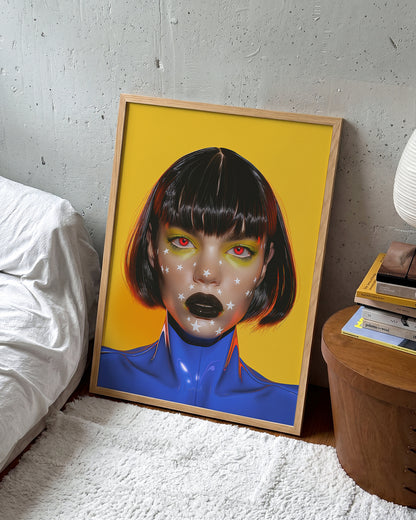Avatar pop art portrait print in an oak frame on a room wall