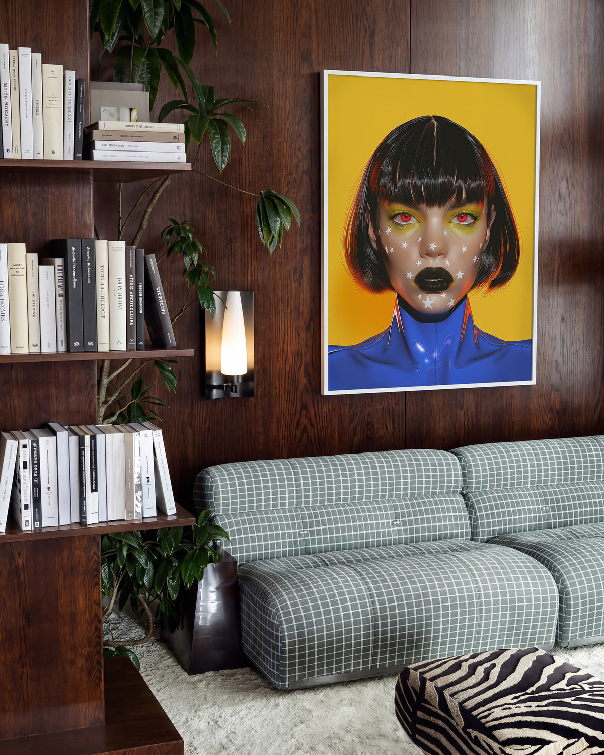 Avatar pop art portrait print in a white frame on a room wall