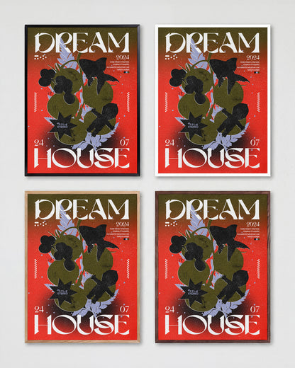 Dream House retro typography print shown in all frame colours