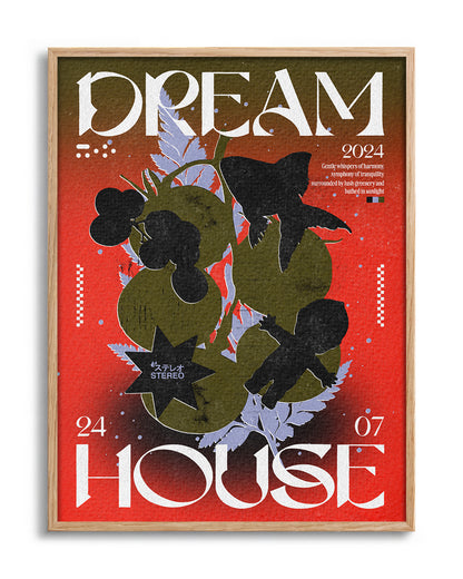 Dream House retro typography print in an oak frame
