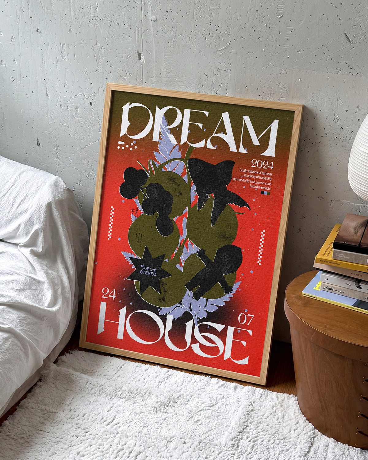 Dream House retro typography print in an oak frame on a room wall