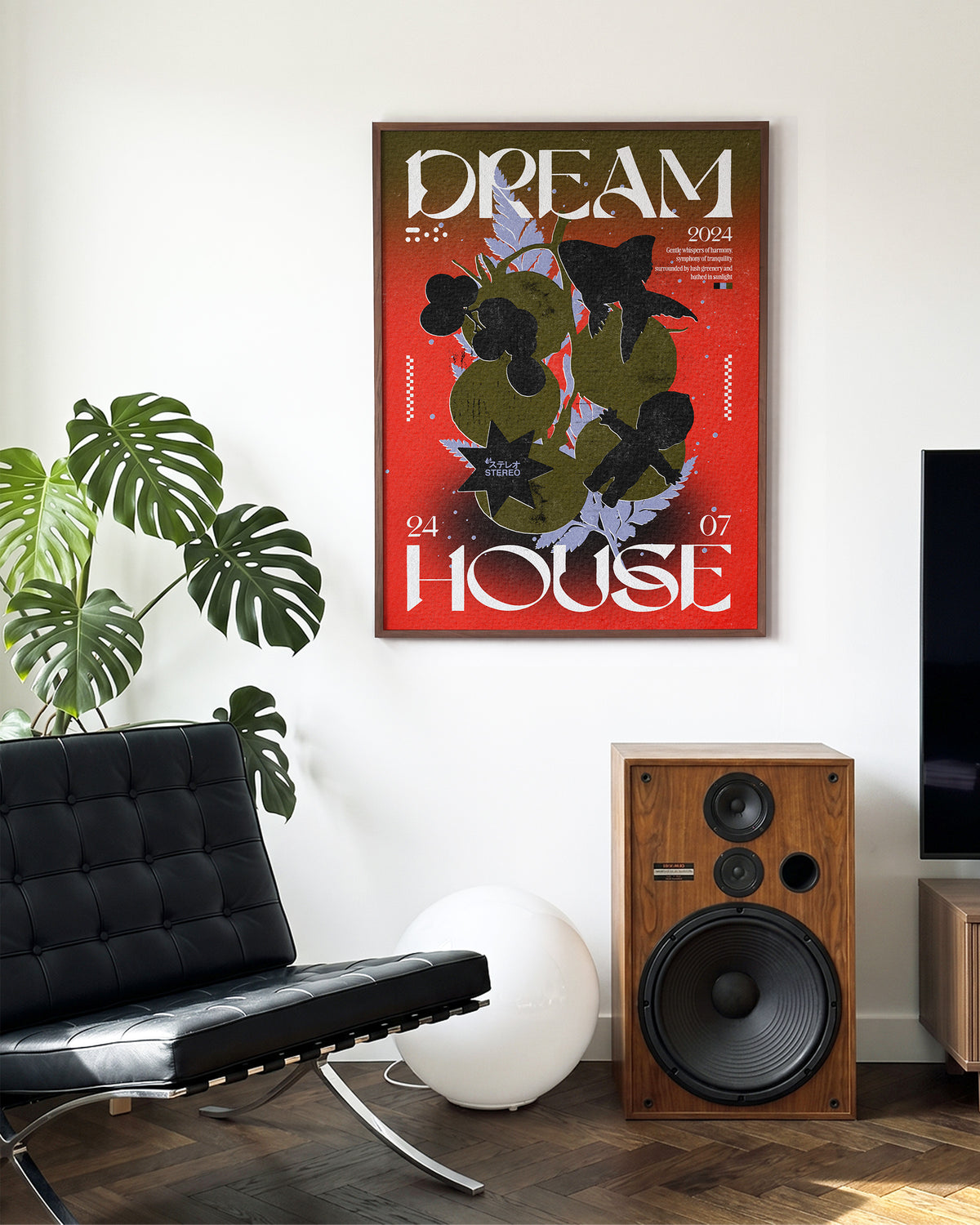 Dream House retro typography print in a walnut frame on a room wall
