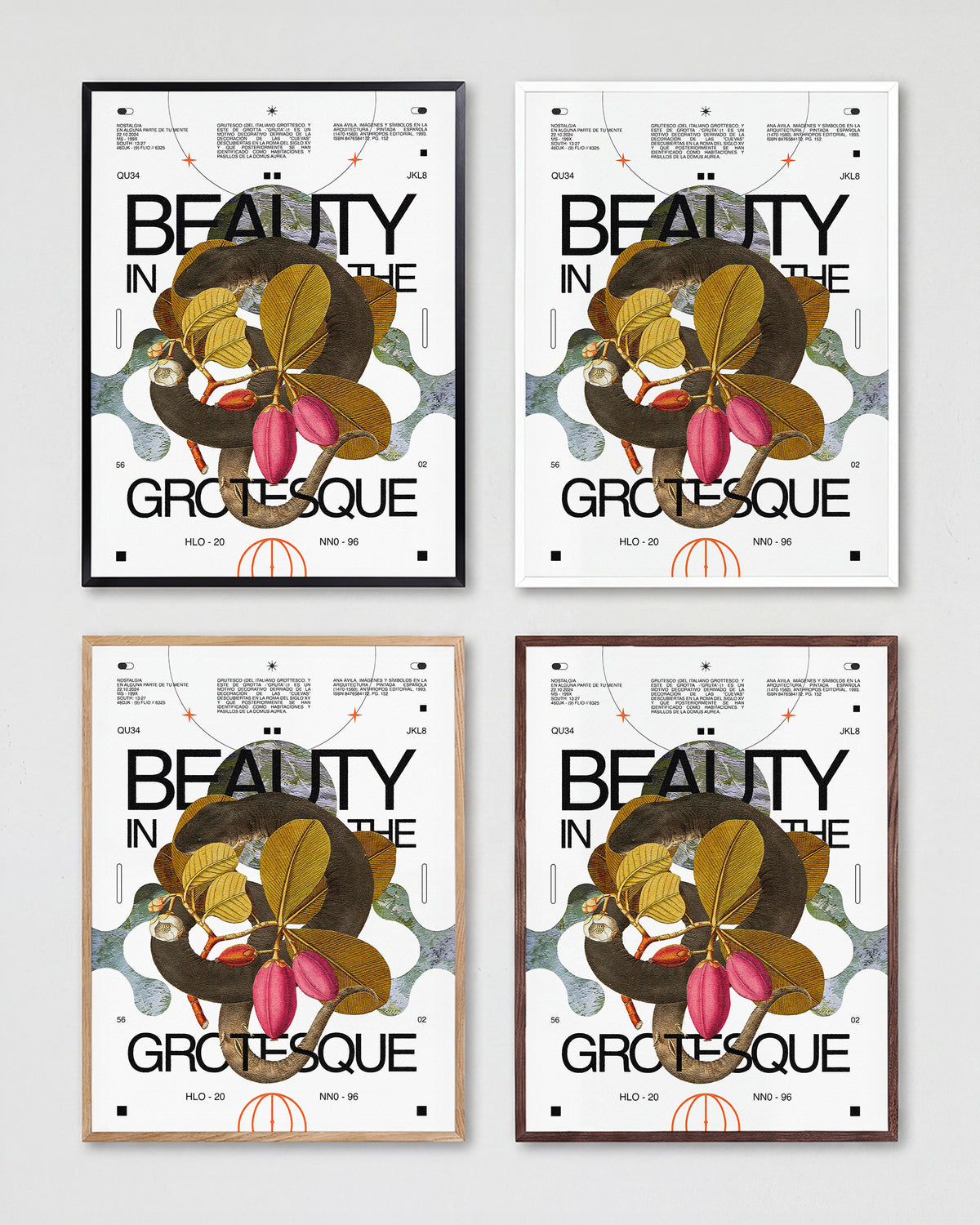 Beauty in the Grotesque quote art print shown in all frame colours