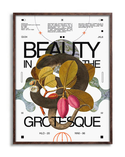 Beauty in the Grotesque quote art print in a walnut frame