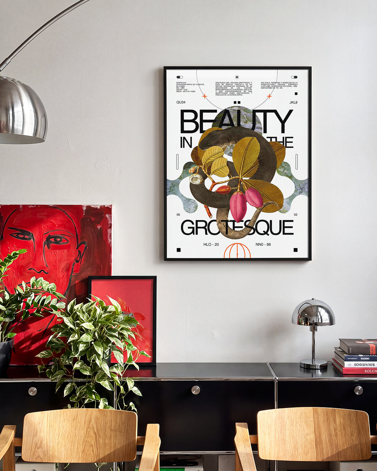 Beauty in the Grotesque quote art print in a black frame on a room wall