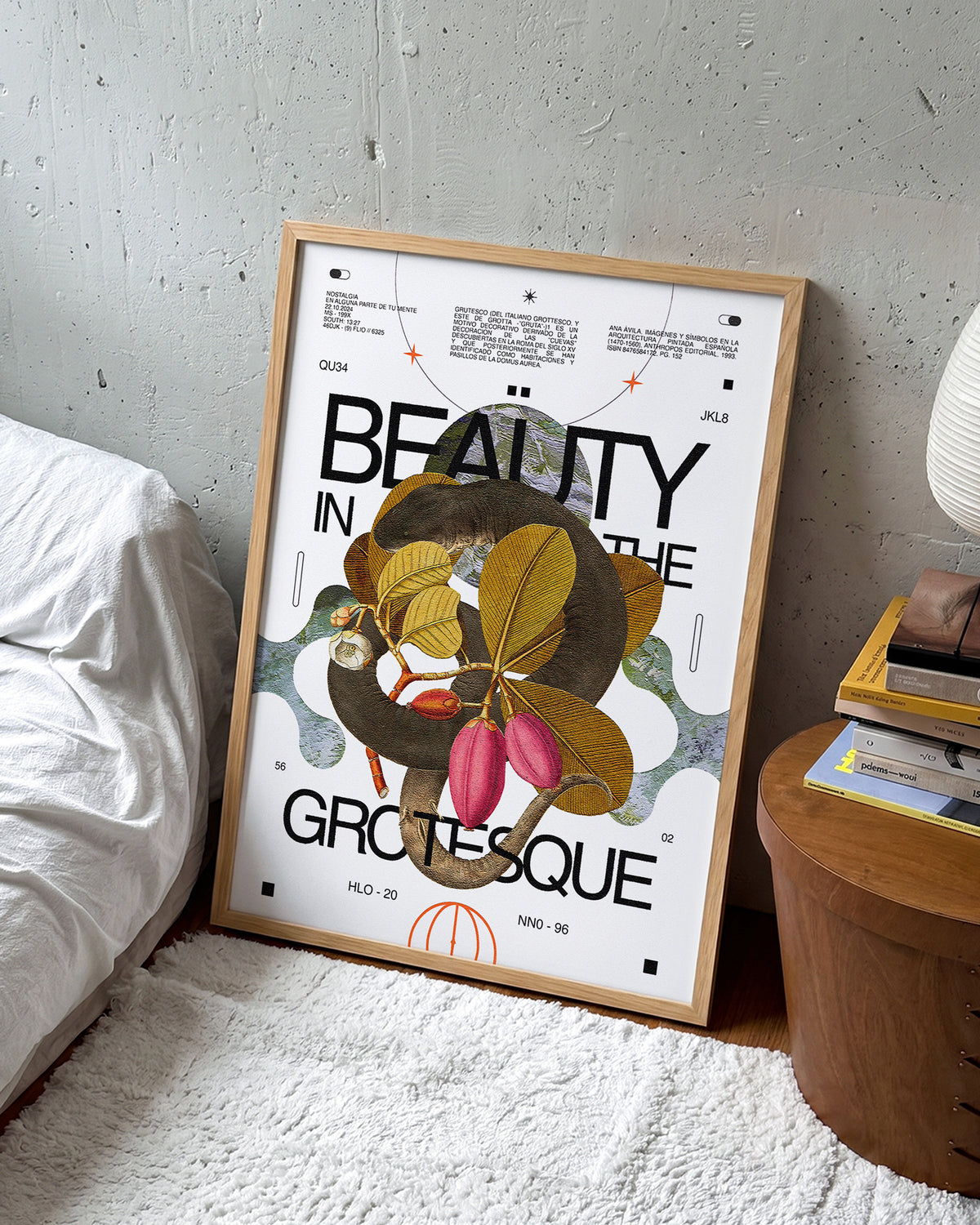 Beauty in the Grotesque quote art print in an oak frame on a room wall